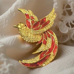 Giorgio Brooch Pin Bird Of Paradise Gold Plated Red Enamel Crystals Vintage